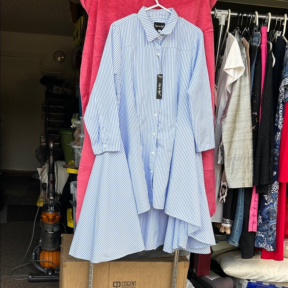 Light Blue Striped Asymmetrical Shirt Dress - Unbranded